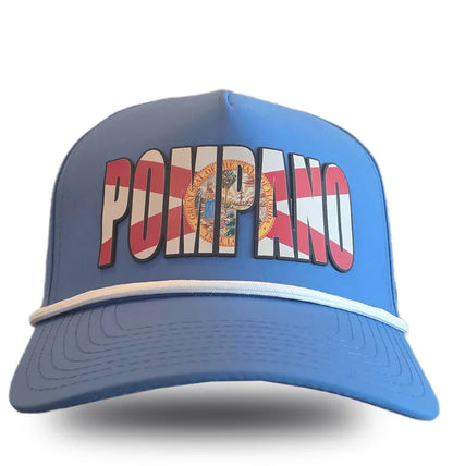 Blue Pompano Florida hat with state seal and striped lettering, celebrating local pride