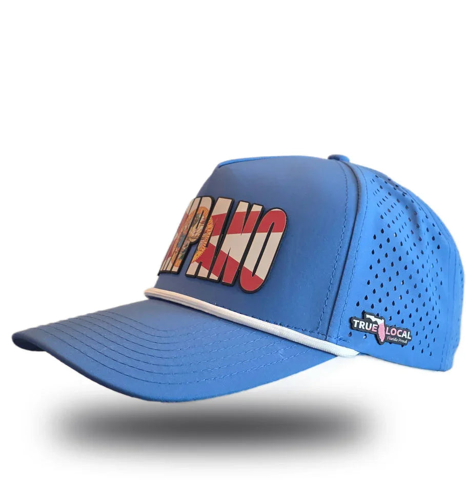 Blue Pompano Beach hat with Florida flag design, perforated back, and True Local logo for local pride apparel.