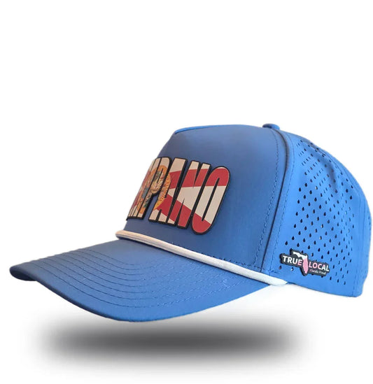 Blue Pompano Beach hat with Florida flag design, perforated back, and True Local logo for local pride apparel.