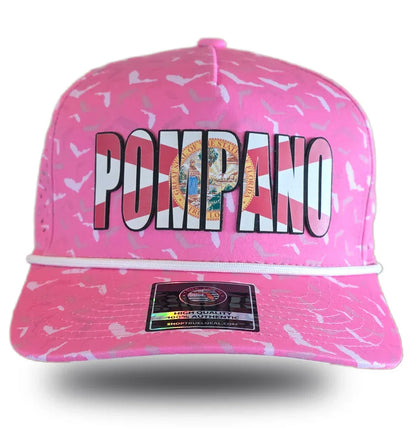 Pink Pompano Florida hat with state seal, bold lettering, and bird pattern for local pride apparel