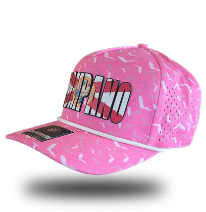 Pink Pompano Beach hat with bold lettering and Florida flag design, perfect for local pride apparel.