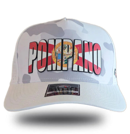 Pompano Beach Florida hat with state seal, white camo design, bold red lettering for local pride apparel