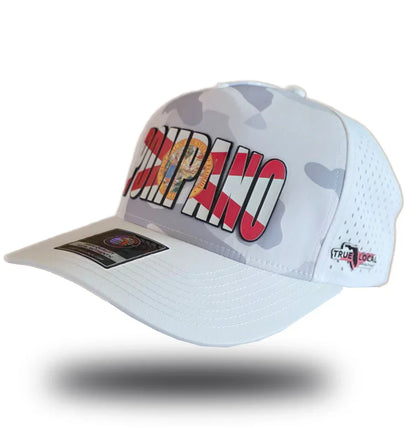 White Pompano Beach hat with camo design, Florida flag colors, and True Local logo for local pride apparel.