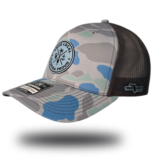 True Local patch hat, Duck Camo front, Grey mesh back, Light Blue leatherette