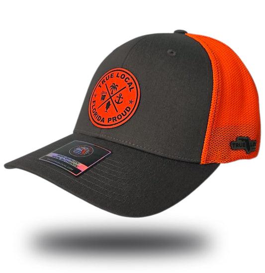 True Local patch hat, Charcoal grey front, neon orange mesh back, neon orange leatherette