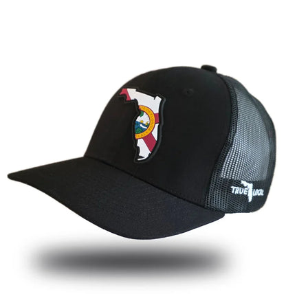 Florida Proud PVC patch trucker hat left side – Sunshine State flag snapback with mesh back
