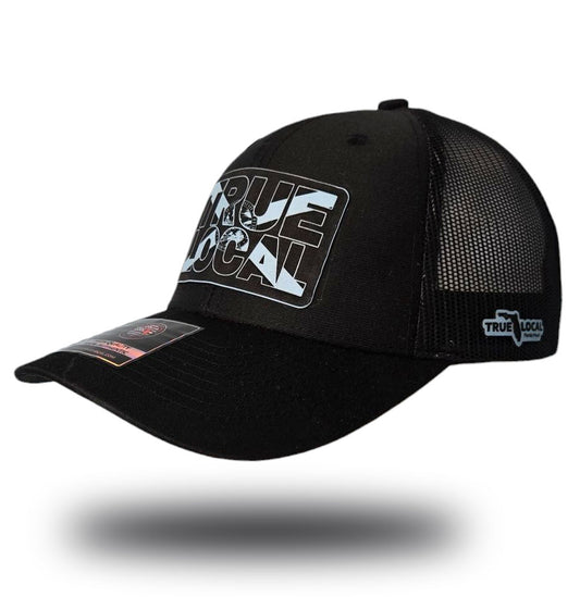 True Local patch hat, Black front, Black mesh back, Light Blue leatherette