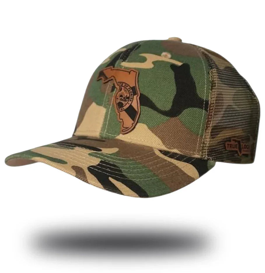 Florida Proud camo trucker hat with tan leather patch – Florida state outline engraved snapback