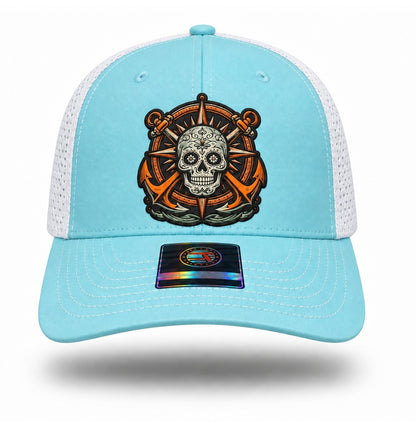 Aqua Sugar Skull Anchor Trucker Hat, front view showing sugar skull compass and twin-anchor patch