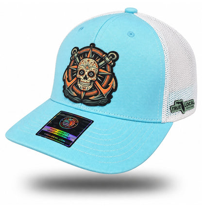 Aqua Sugar Skull Anchor Trucker Hat, bill pointing left with side panels and True Local embroidery