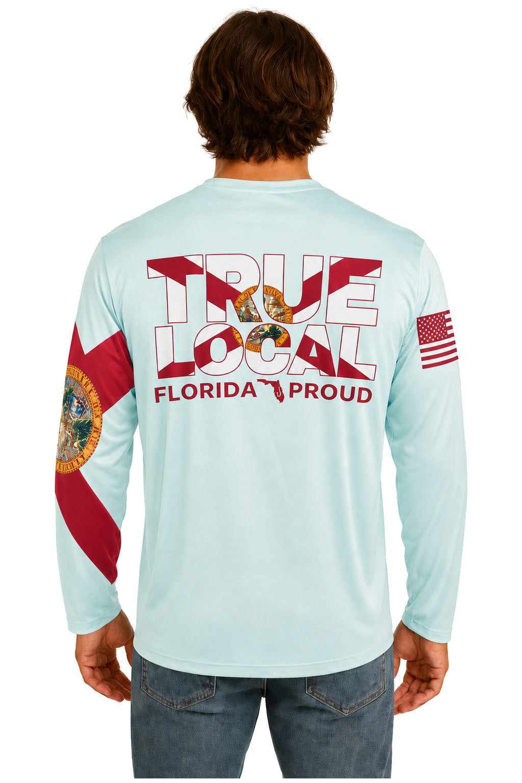 True Local Florida Proud Big Words long sleeve sun shirt back - seafoam green with Florida flag design