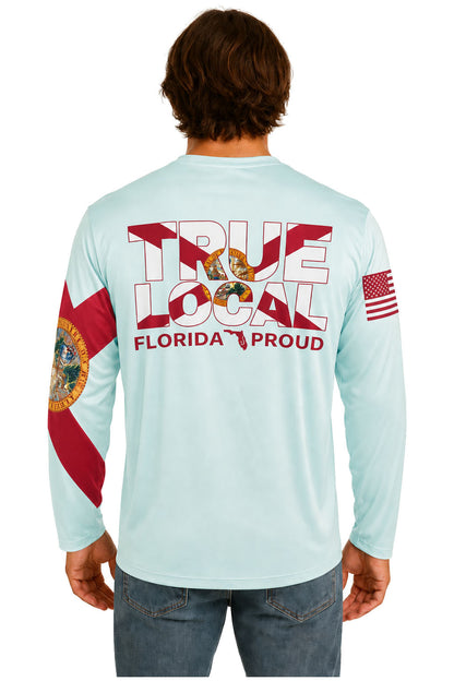 True Local Florida Proud Big Words long sleeve sun shirt back - seafoam green with Florida flag design