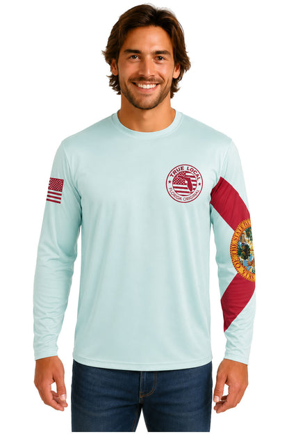 True Local Florida Proud Big Words long sleeve sun shirt front - seafoam green with chest logo