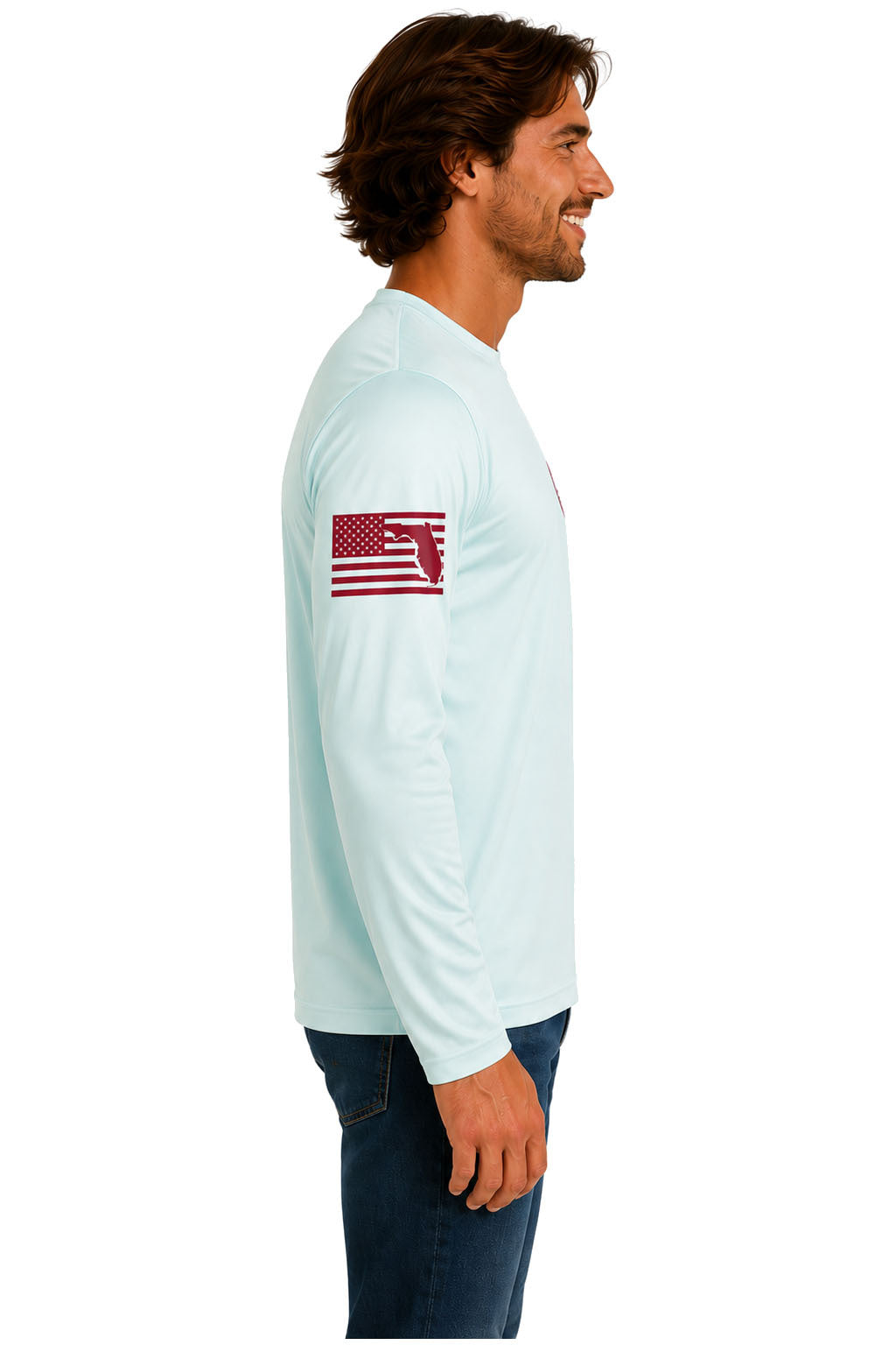 True Local Florida Proud Big Words long sleeve sun shirt right side - American flag sleeve