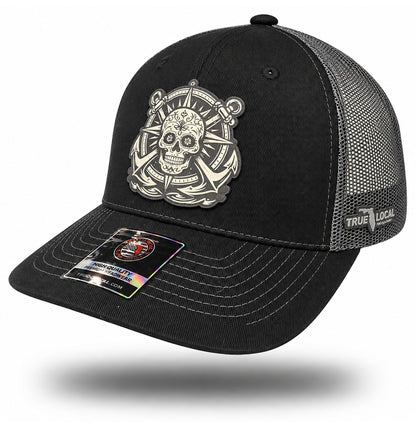 Black and Gray Sugar Skull Anchor Trucker Hat, bill pointing left with side panels and True Local embroidery