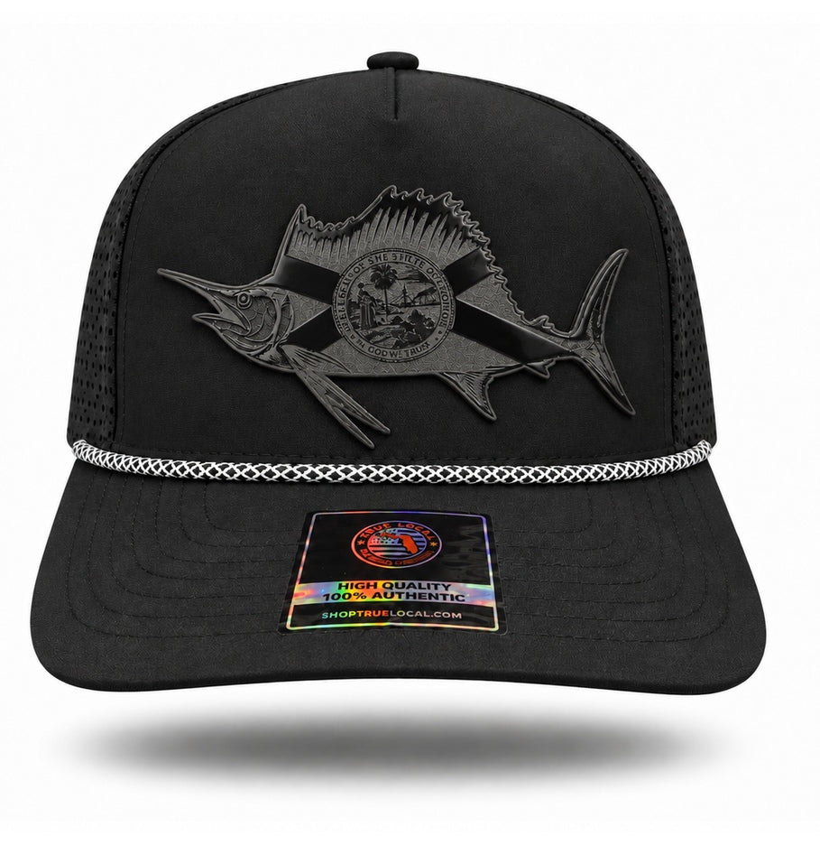 Blackout Florida Flag Sailfish Performance Rope Hat, front view, glossy black patch with velvety matte laser engraving