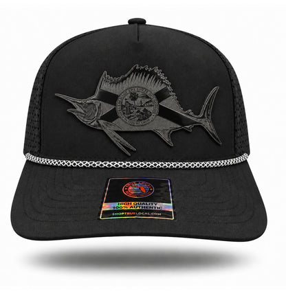 Blackout Florida Flag Sailfish Performance Rope Hat, front view, glossy black patch with velvety matte laser engraving