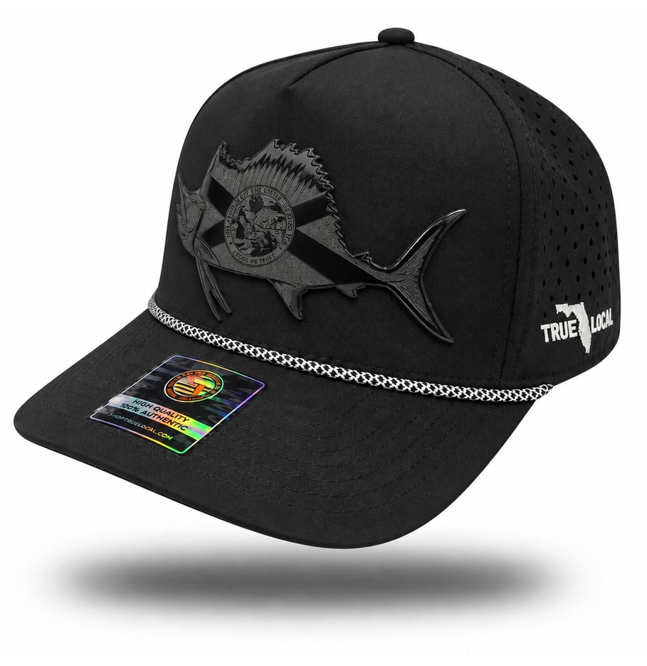Blackout Florida Flag Sailfish Performance Rope Hat, bill pointing left, glossy black patch with velvety matte laser engraving