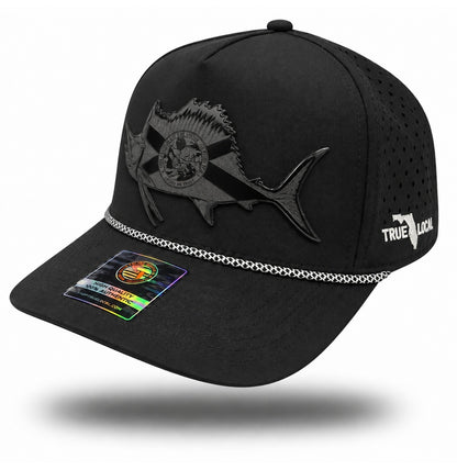 Blackout Florida Flag Sailfish Performance Rope Hat, bill pointing left, glossy black patch with velvety matte laser engraving