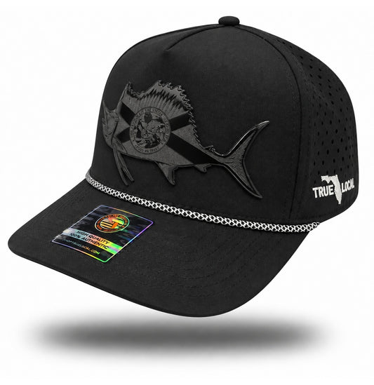 Blackout Florida Flag Sailfish Performance Rope Hat, bill pointing left, glossy black patch with velvety matte laser engraving
