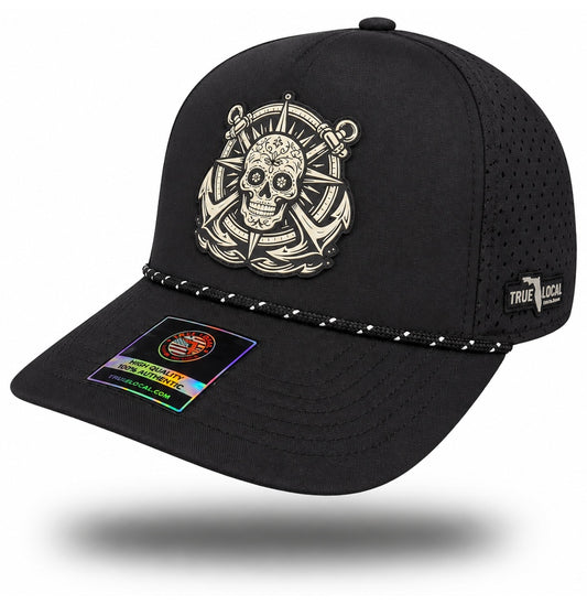 Black Sugar Skull Anchor Performance Rope Hat, bill pointing left with side panels and True Local embroidery