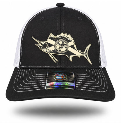 Black and White Florida Flag Sailfish Trucker Hat, front view showing original patch artwork