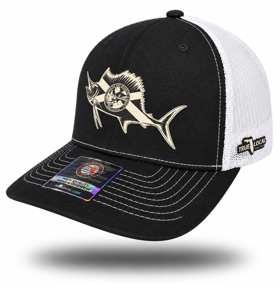 Black and White Florida Flag Sailfish Trucker Hat, bill pointing left with side panel and True Local embroidery