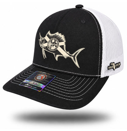 Black and White Florida Flag Sailfish Trucker Hat, bill pointing left with side panel and True Local embroidery