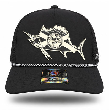 Black sailfish performance rope hat with white patch, front view showing long-billed sailfish, Florida saltire and circular state-seal details