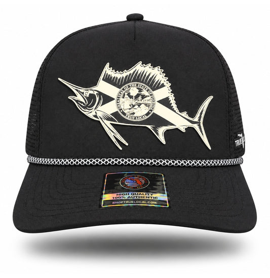 Black sailfish performance rope hat with white patch, front view showing long-billed sailfish, Florida saltire and circular state-seal details