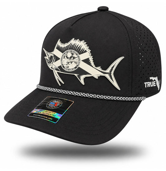 Black sailfish performance rope hat with white patch, bill pointing left, perforated side panels and white True Local embroidery
