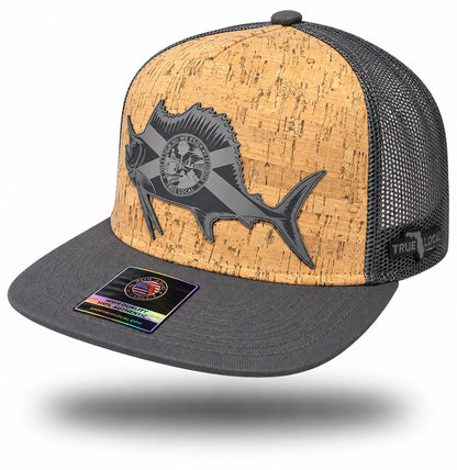 Charcoal Florida flag sailfish cork-finish snapback hat with bill pointing left, tan textured front, dark die-cut fish patch and charcoal mesh