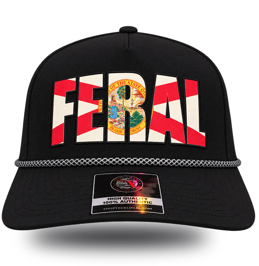 Feral Floridian hat front, FERAL letters filled with the Florida state flag and seal on a black rope hat