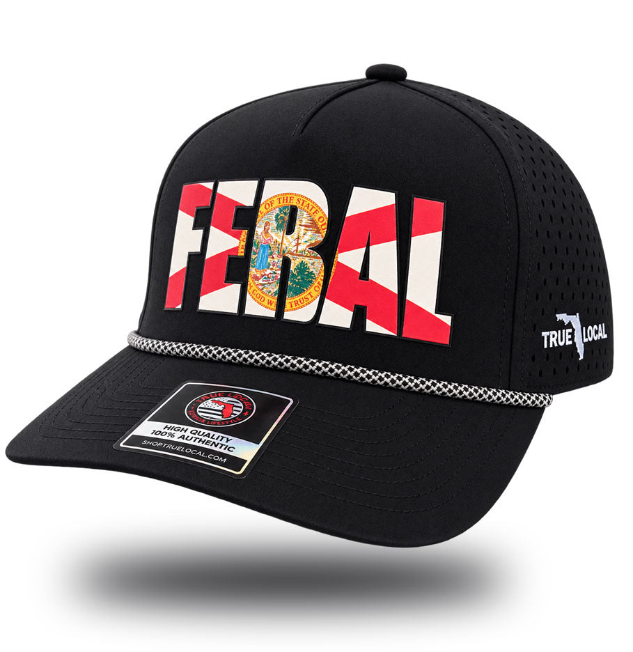 Feral Floridian hat side view, black perforated rope snapback with Florida flag FERAL lettering and True Local side logo