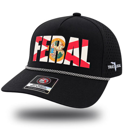 Feral Floridian hat side view, black perforated rope snapback with Florida flag FERAL lettering and True Local side logo
