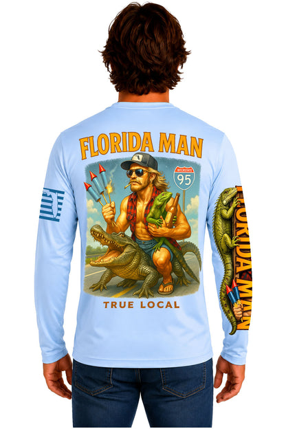 Florida Man long sleeve Dri-Fit sun shirt back view with I-95 gator, iguana and fireworks artwork