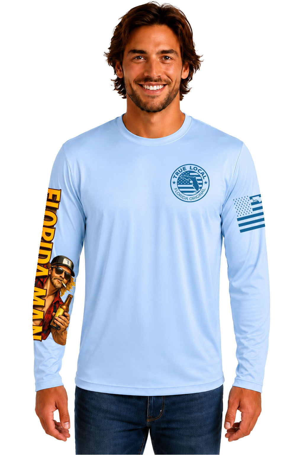 Florida Man long sleeve Dri-Fit shirt front view in Ski Blue with True Local chest logo and printed sleeves