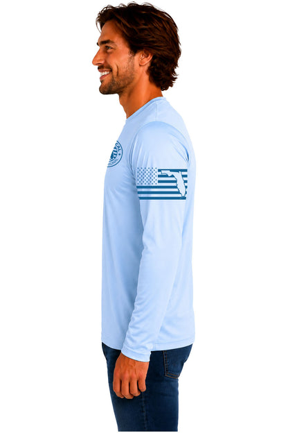 Florida Man long sleeve performance sun shirt left side with Florida flag sleeve graphic
