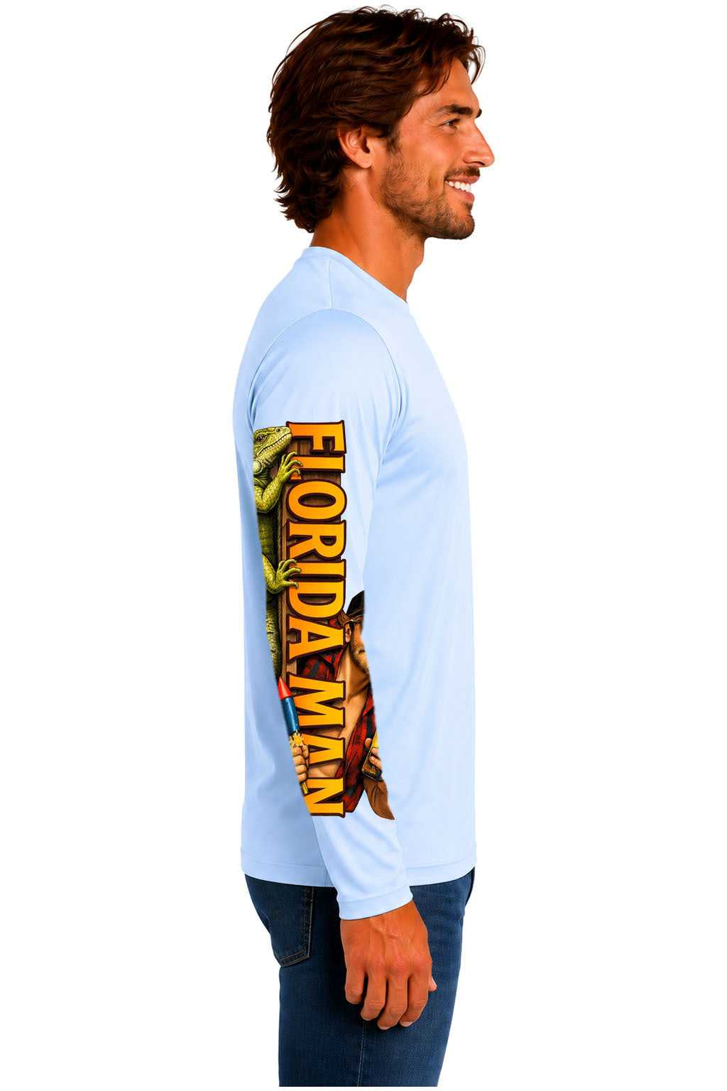 Florida Man long sleeve performance shirt right side with Florida Man and iguana sleeve artwork