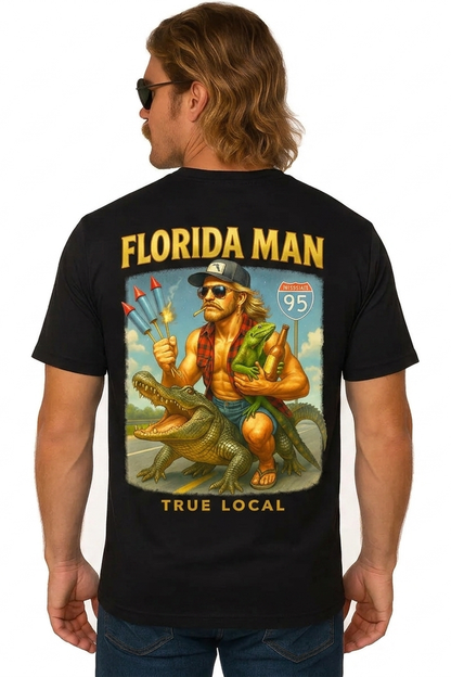 True Local Florida Man T-Shirt in black with gold lettering, Florida Man riding alligator graphic on back