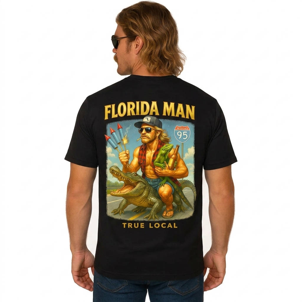 True Local Florida Man T-Shirt in black with gold lettering, Florida Man riding alligator graphic on back