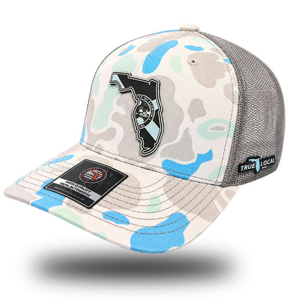 True Local Duck Camo Florida Patch Trucker Hat – State Seal Snapback Cap