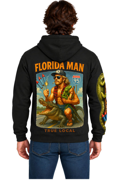 Black Florida Man hoodie sweatshirt back view with alligator-riding character, fireworks, iguana and I-95 artwork