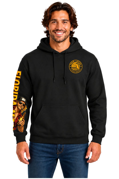 Black Florida Man hoodie sweatshirt front view with True Local Florida Original chest badge and kangaroo pocket