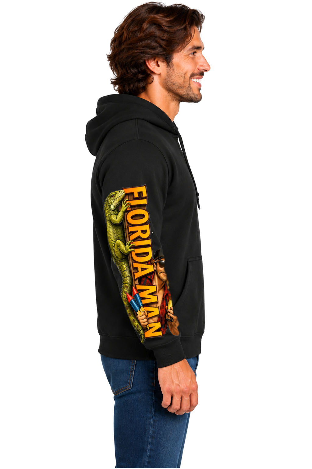 Black Florida Man hoodie sweatshirt side view with vertical Florida Man sleeve lettering, iguana and fireworks