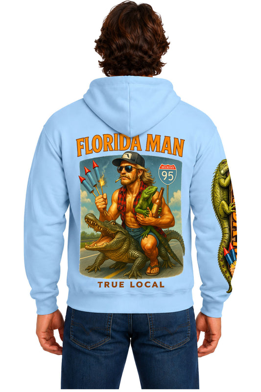Light Blue Florida Man hoodie sweatshirt back view with alligator-riding character, fireworks, iguana and I-95 artwork