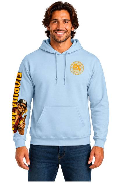 Light Blue Florida Man hoodie sweatshirt front view with True Local Florida Original chest badge and kangaroo pocket