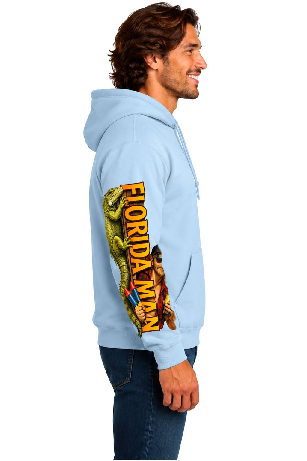 Light Blue Florida Man hoodie sweatshirt side view with vertical Florida Man sleeve lettering, iguana and fireworks