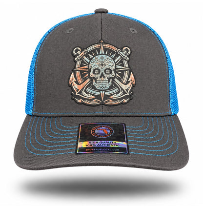 Gray and Blue Sugar Skull Anchor Trucker Hat, front view showing sugar skull compass and twin-anchor patch