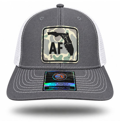 Gray Local AF Florida Camo Patch Trucker Hat, front view showing original patch artwork